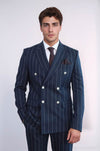 Pinstripe Double Breasted Men’s Navy Blue Suit with Silver Button Details - Wessi