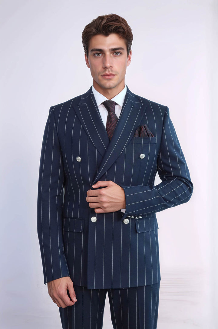 Pinstripe Double Breasted Men’s Navy Blue Suit with Silver Button Details - Wessi