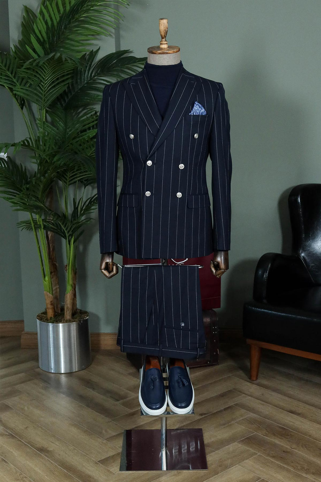 Pinstripe Double Breasted Men’s Navy Blue Suit with Silver Button Details - Wessi