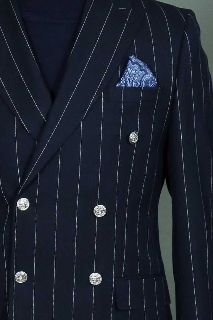 Pinstripe Double Breasted Men’s Navy Blue Suit with Silver Button Details - Wessi