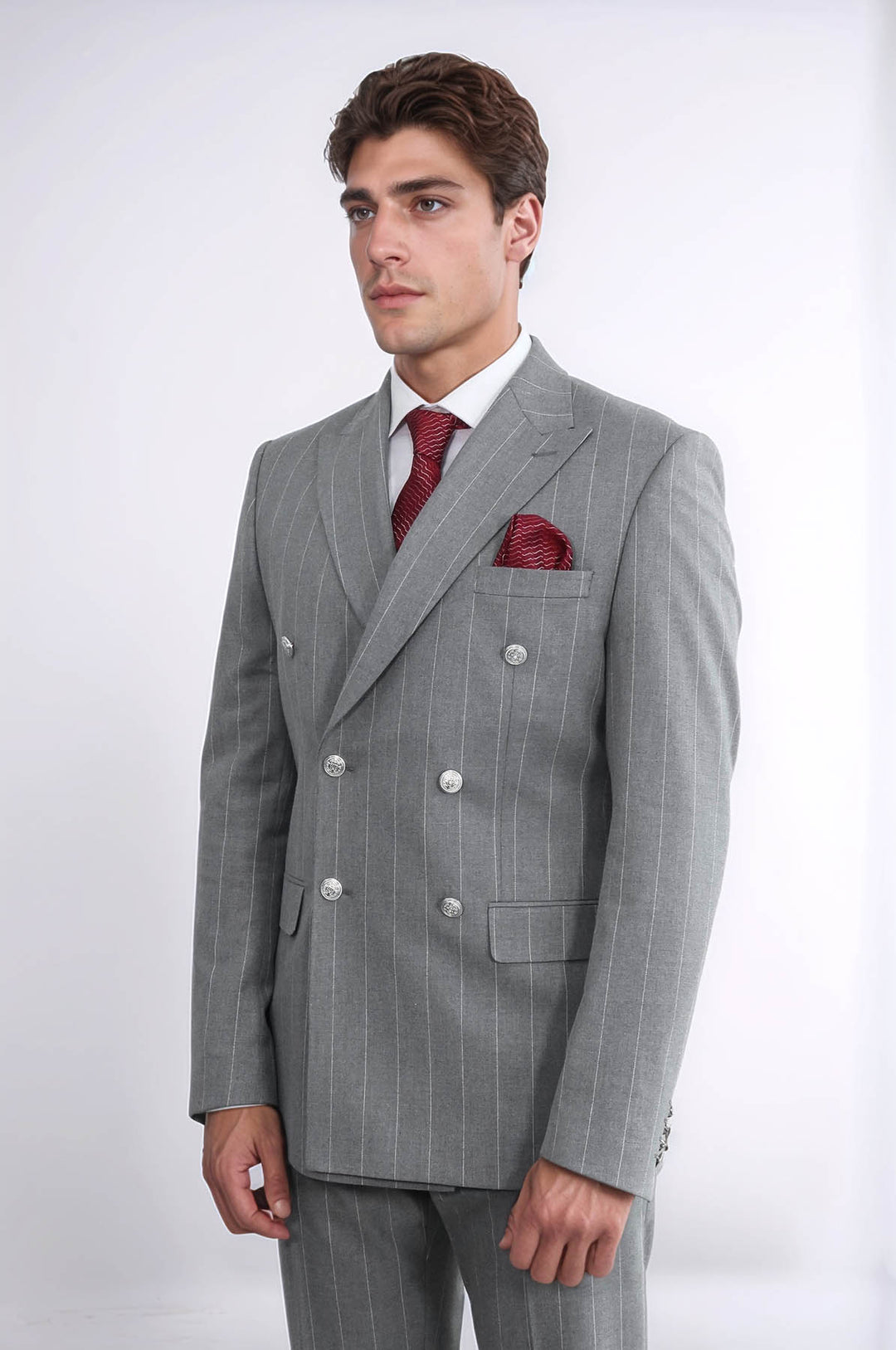 Pinstripe Double Breasted Men’s Grey Suit with Silver Button Details - Wessi