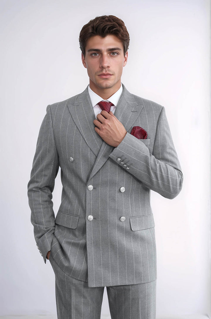 Pinstripe Double Breasted Men’s Grey Suit with Silver Button Details - Wessi