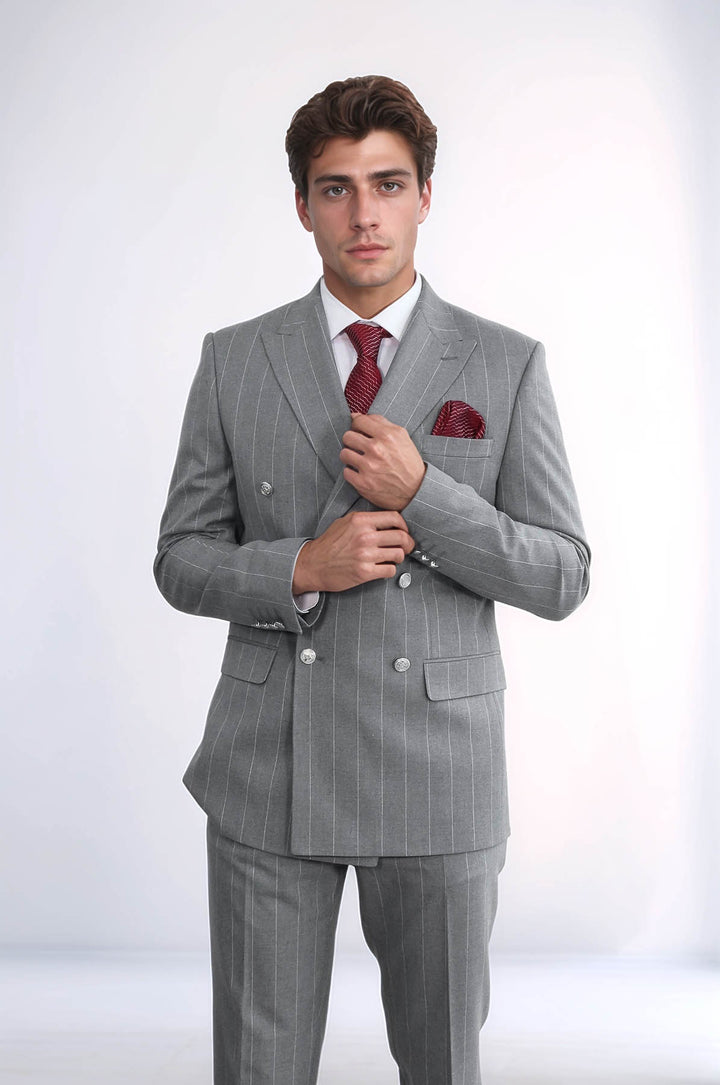 Pinstripe Double Breasted Men’s Grey Suit with Silver Button Details - Wessi