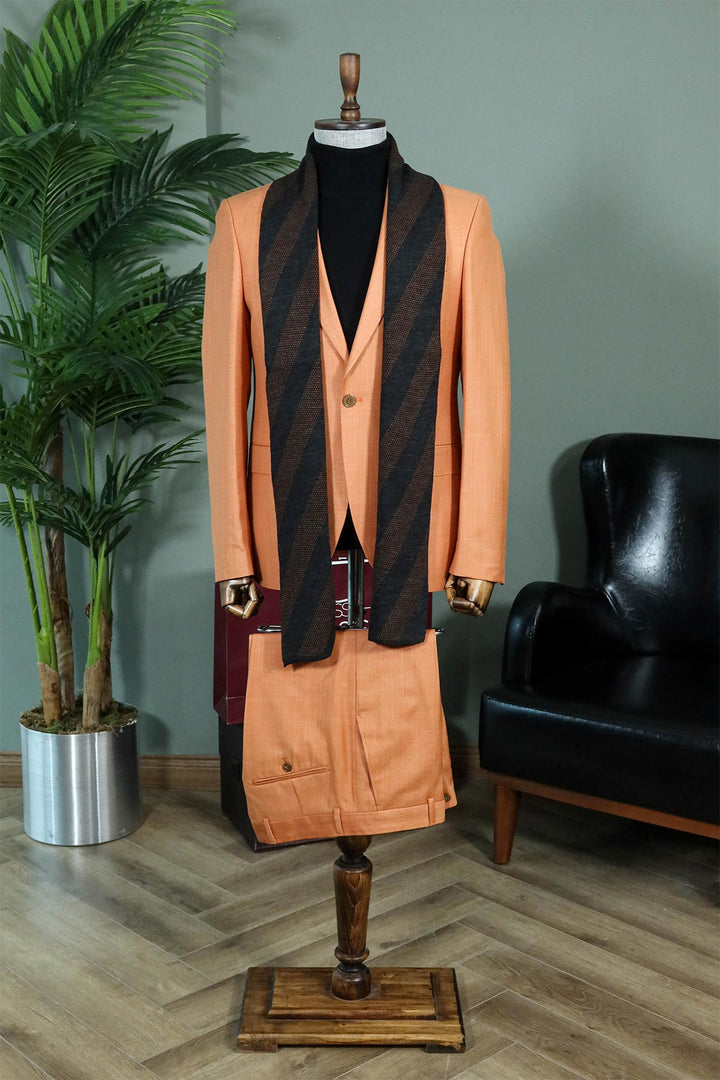 Peach Slim Fit Suit with Striped Scarf and Black Knitwear - Professional Business Look