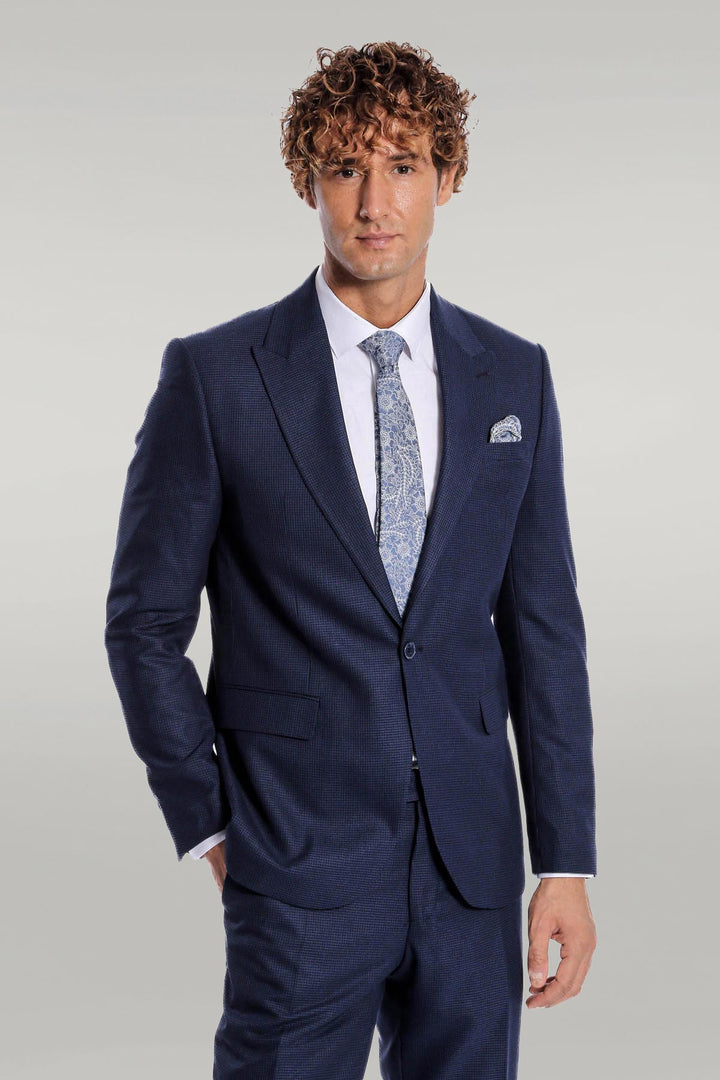 Two Piece Patterned Navy Blue Men Suit - Wessi