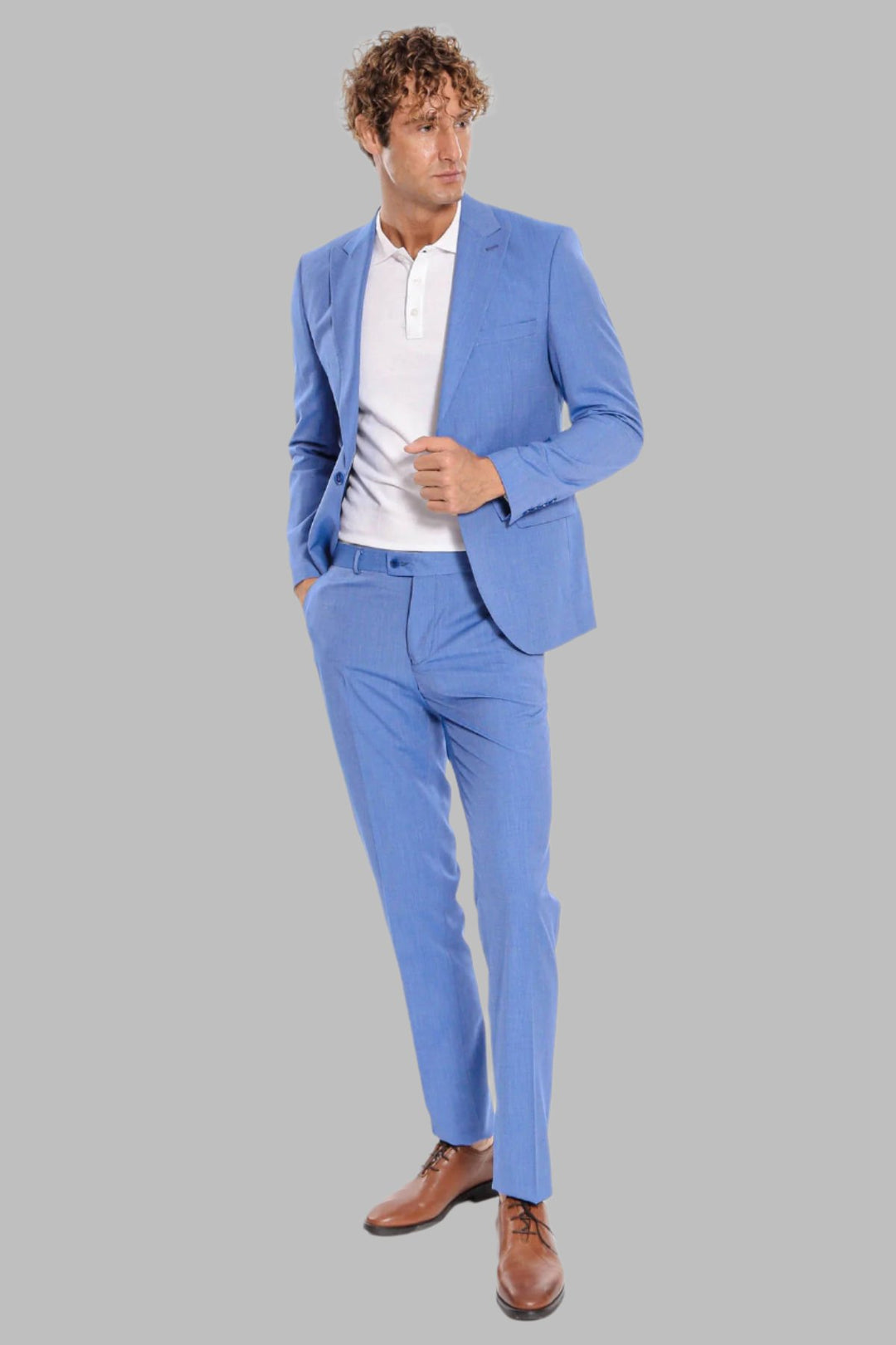 Patterned 2 Piece Slim Fit Light Blue Men Suit - Wessi