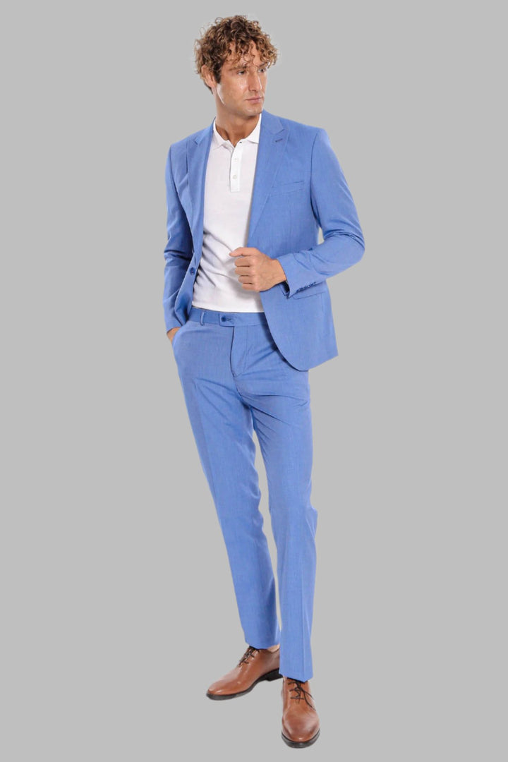 Patterned 2 Piece Slim Fit Light Blue Men Suit - Wessi