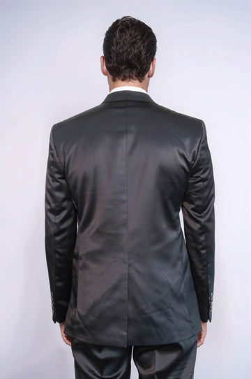 Traje de novio de dos piezas con dos botones y solapa modelada en satén negro para hombre
