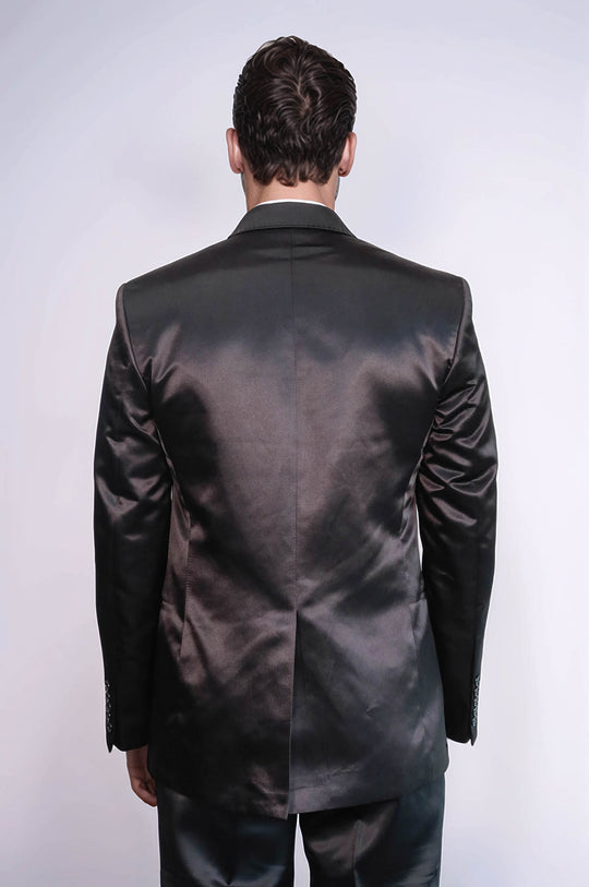 Traje de novio de dos piezas con dos botones y solapa modelada en satén negro para hombre