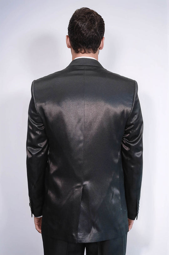 بدلة رجالية من الساتان الأسود بقصة ضيقة مكونة من زرين