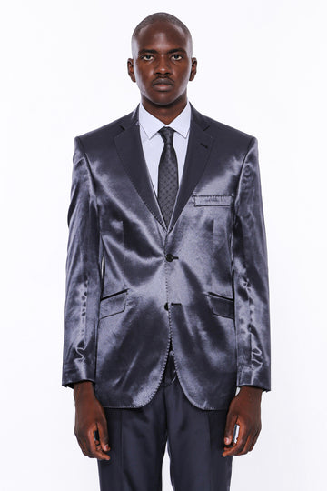 Traje de hombre azul marino de satén de corte slim de dos botones con dos botones