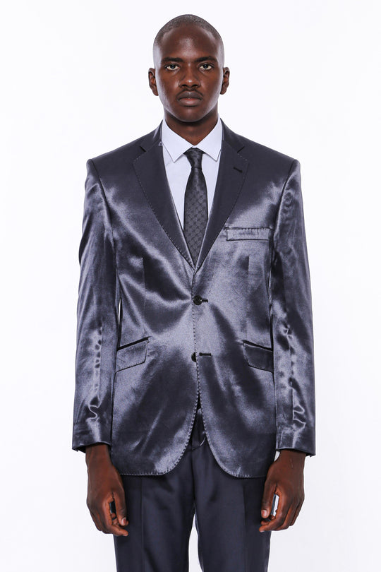 Traje de hombre azul marino de satén de corte slim de dos botones con dos botones