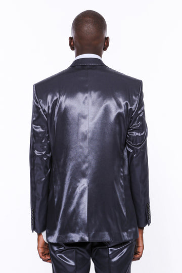 Traje de hombre azul marino de satén de corte slim de dos botones con dos botones