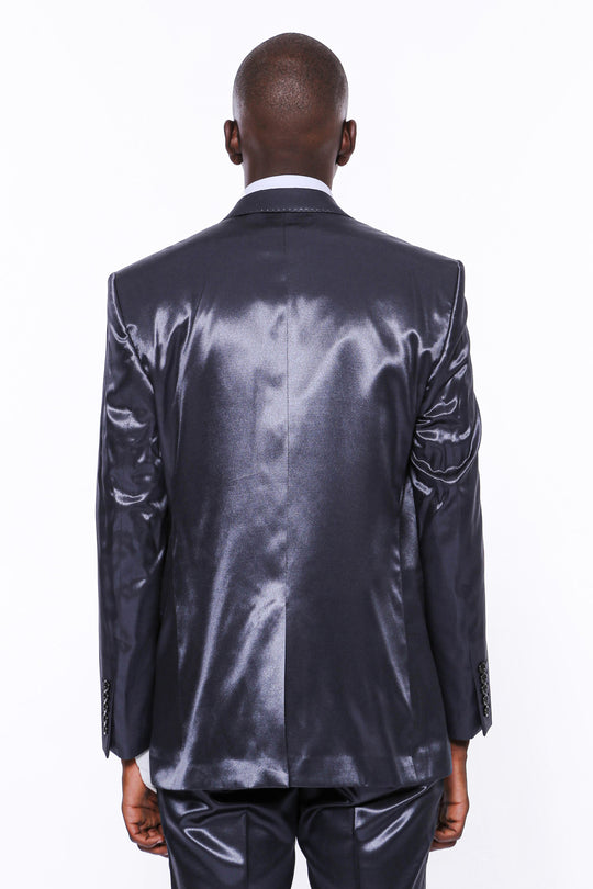 Traje de hombre azul marino de satén de corte slim de dos botones con dos botones