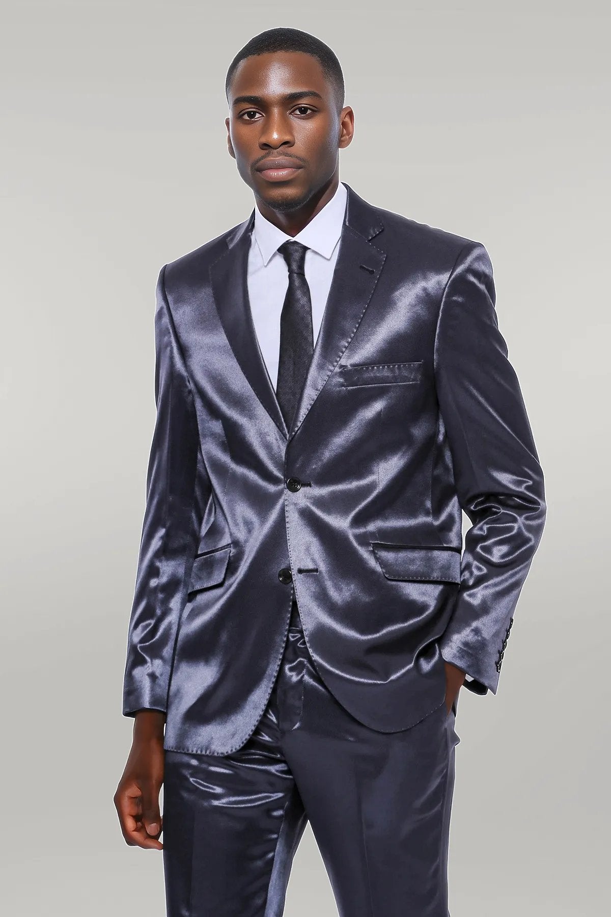 Two Buttons Two Piece Slim Fit Satin Navy Blue Men Suit Wessi