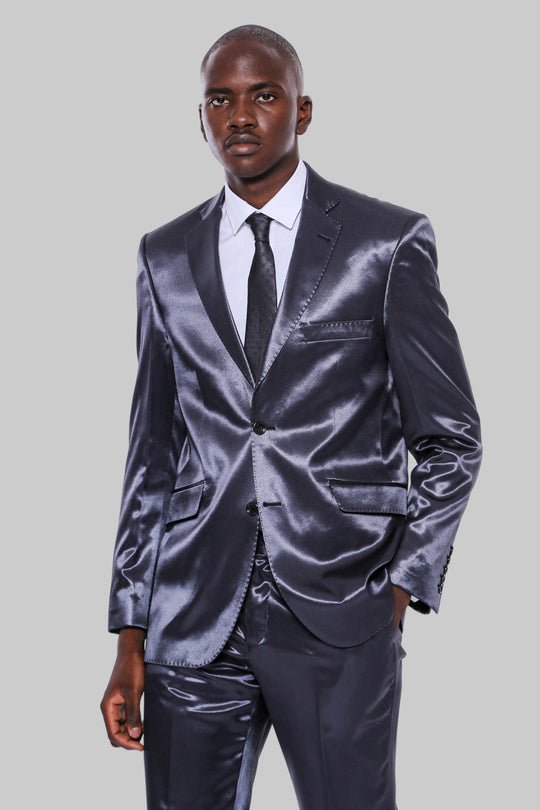 Traje de hombre azul marino de satén de corte slim de dos botones con dos botones