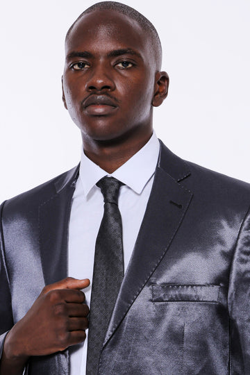 Traje de hombre azul marino de satén de corte slim de dos botones con dos botones