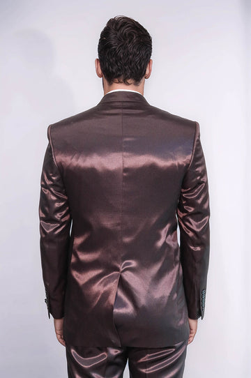 Traje de hombre marrón satinado de corte slim de dos piezas con dos botones