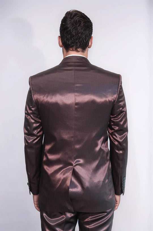 Traje de hombre marrón satinado de corte slim de dos piezas con dos botones
