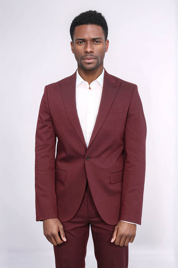 Single Buttons 2 Piece Burgundy Men Suit - Wessi