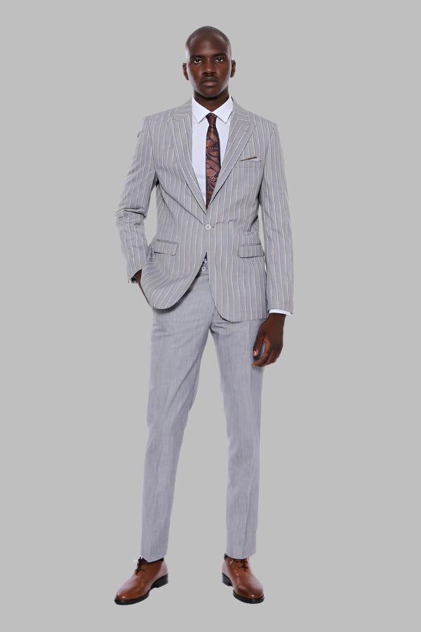 Striped Blazer Plain Pants Grey Men Suit - Wessi