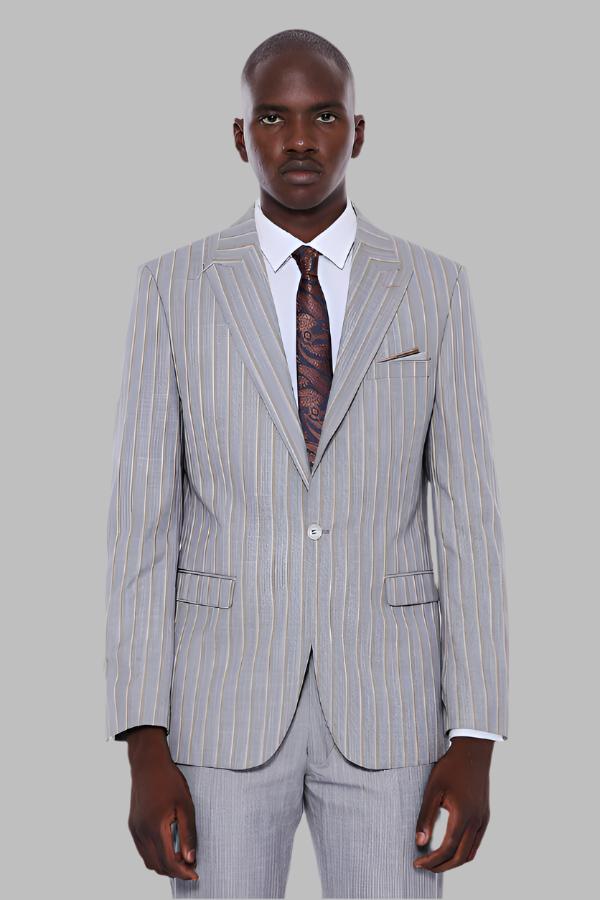 Striped Blazer Plain Pants Grey Men Suit - Wessi