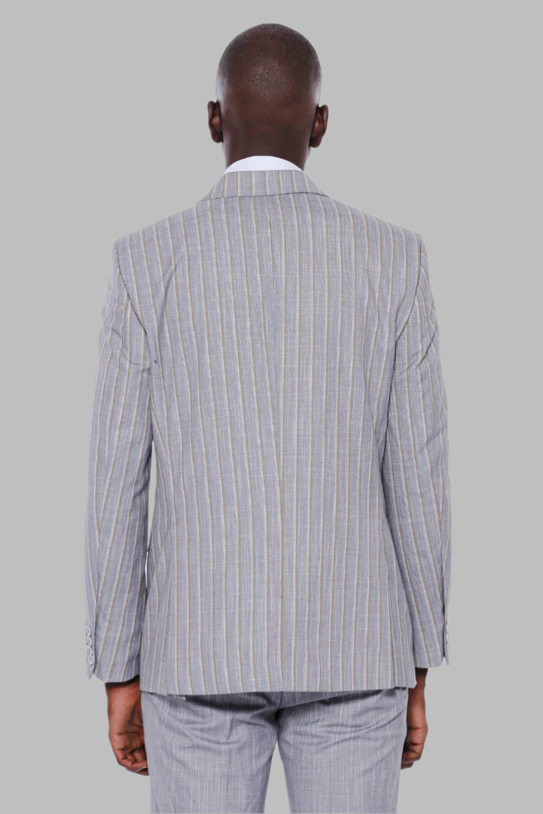 Striped Blazer Plain Pants Grey Men Suit - Wessi