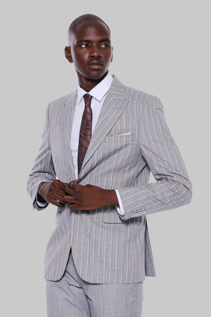 Striped Blazer Plain Pants Grey Men Suit - Wessi