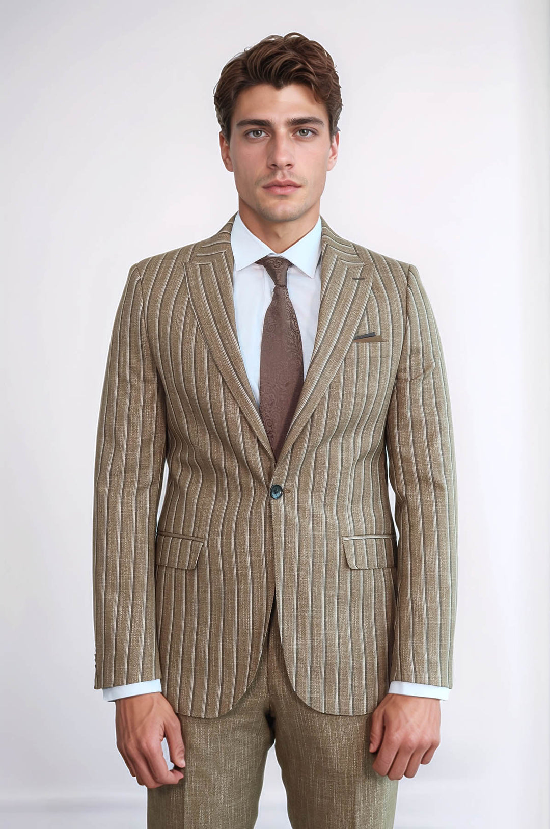 Striped Blazer Plain Pants Light Brown Men Suit - Wessi