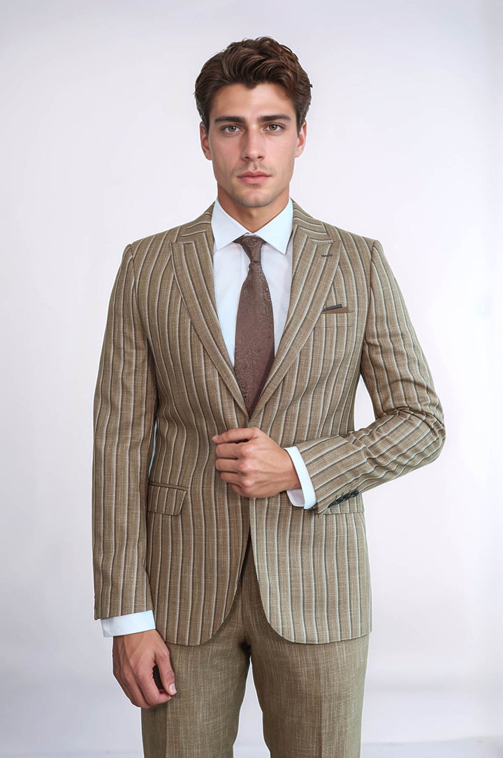 Striped Blazer Plain Pants Light Brown Men Suit - Wessi