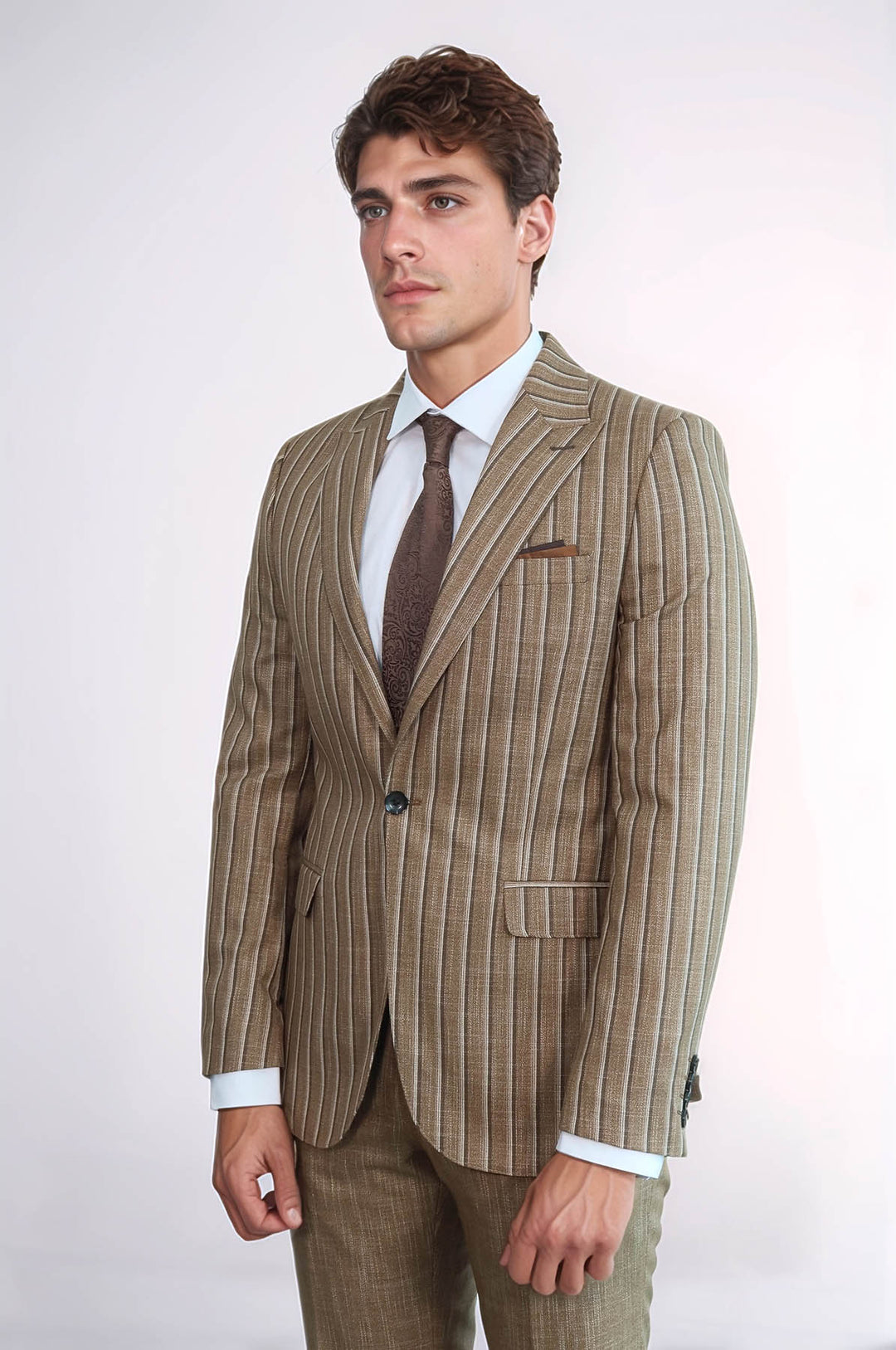 Striped Blazer Plain Pants Light Brown Men Suit - Wessi