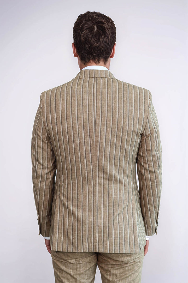 Striped Blazer Plain Pants Light Brown Men Suit - Wessi