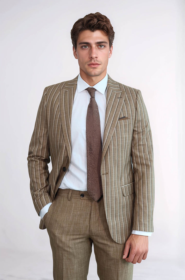 Striped Blazer Plain Pants Light Brown Men Suit - Wessi