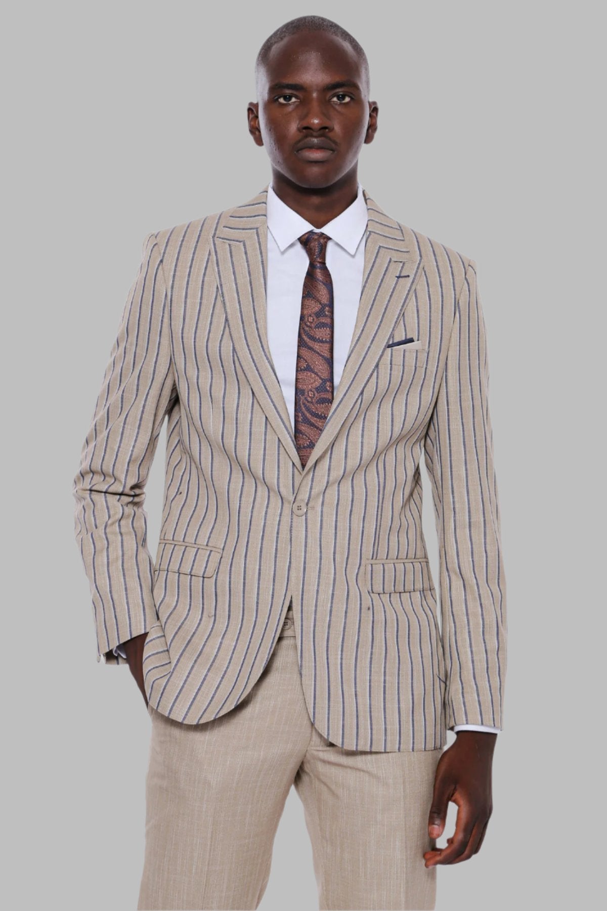 Striped Blazer Plain Pants Beige Men Suit Wessi