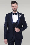 Double Breasted Satin Lapel Navy Blue Men Tuxedo - Wessi