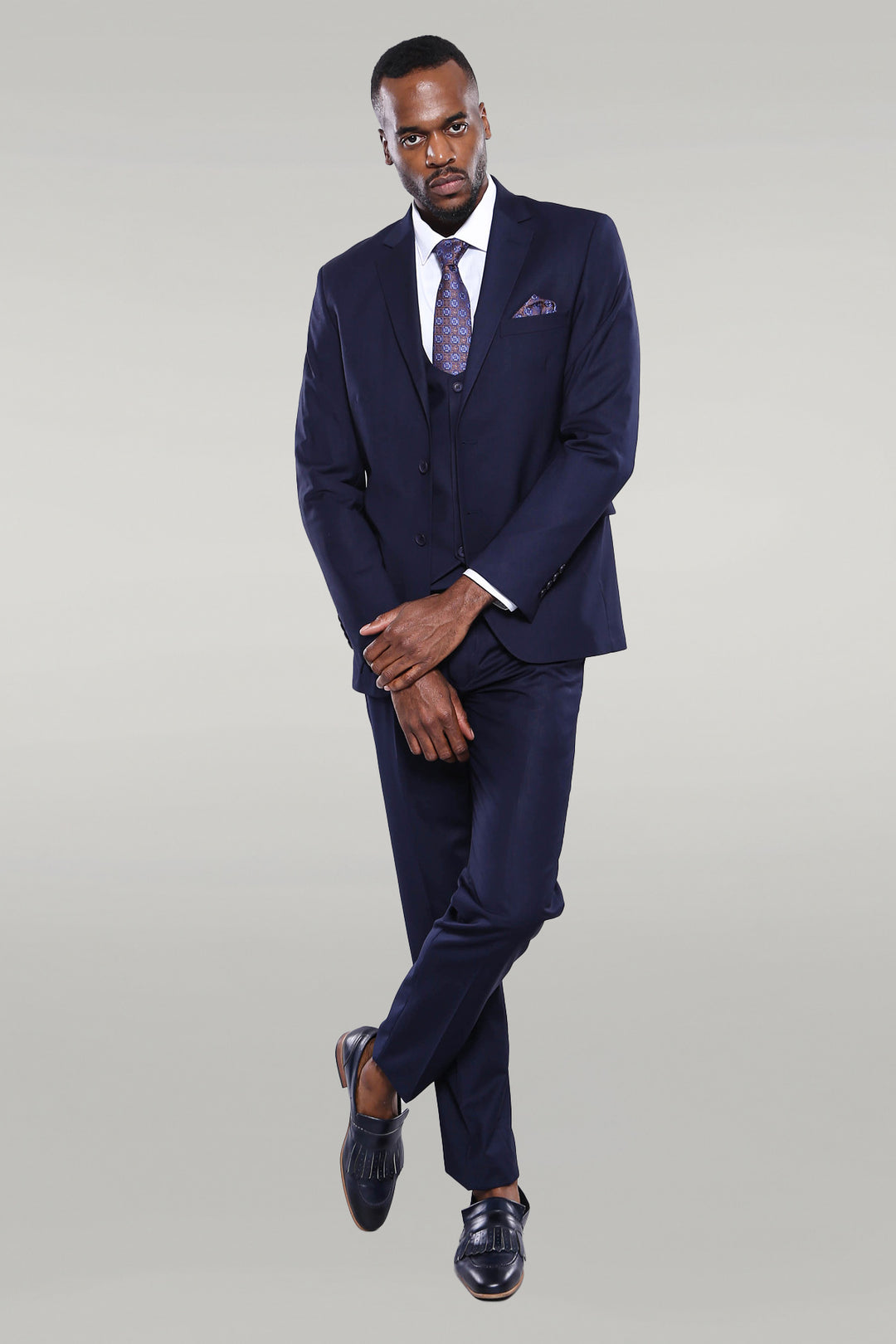 Navy Blue Plain 3-Piece Suit with Vest | Wessi