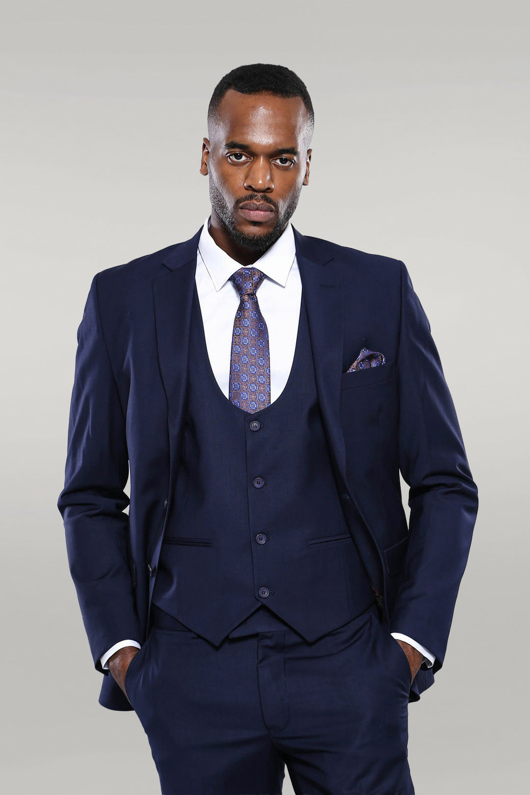 Navy Blue Plain 3-Piece Suit with Vest | Wessi