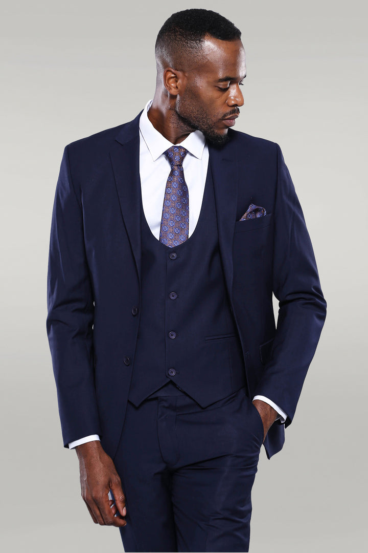 Navy Blue Plain 3-Piece Suit with Vest | Wessi