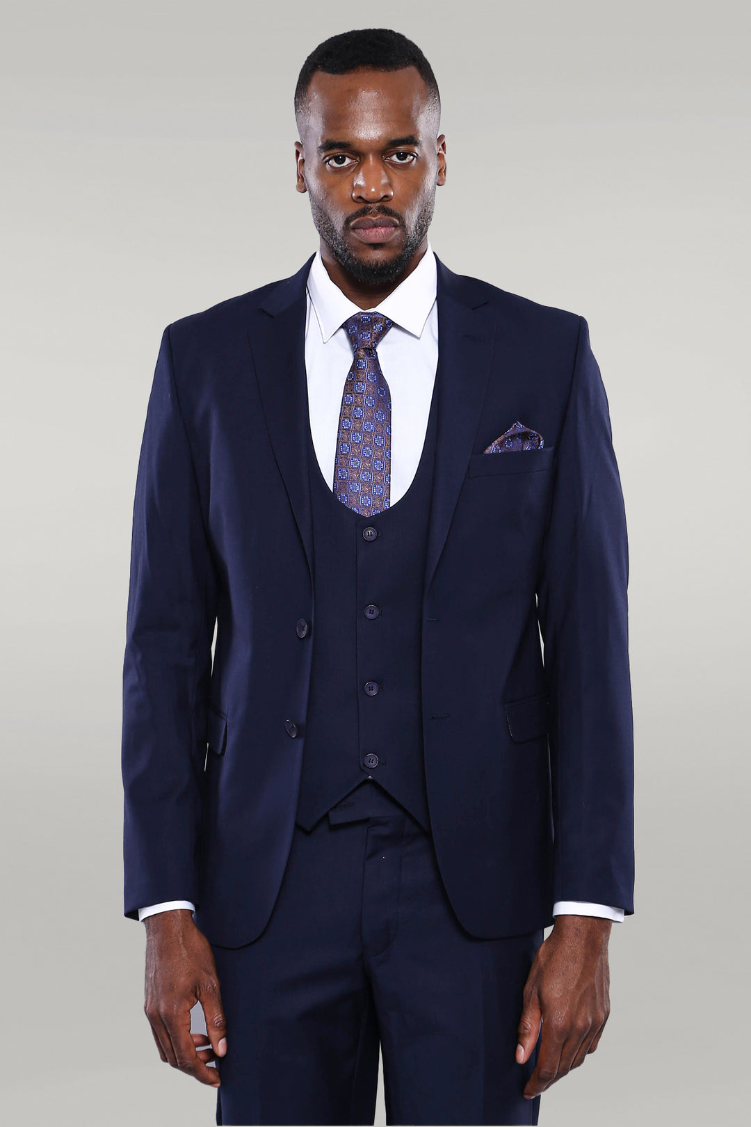 Navy Blue Plain 3-Piece Suit with Vest | Wessi