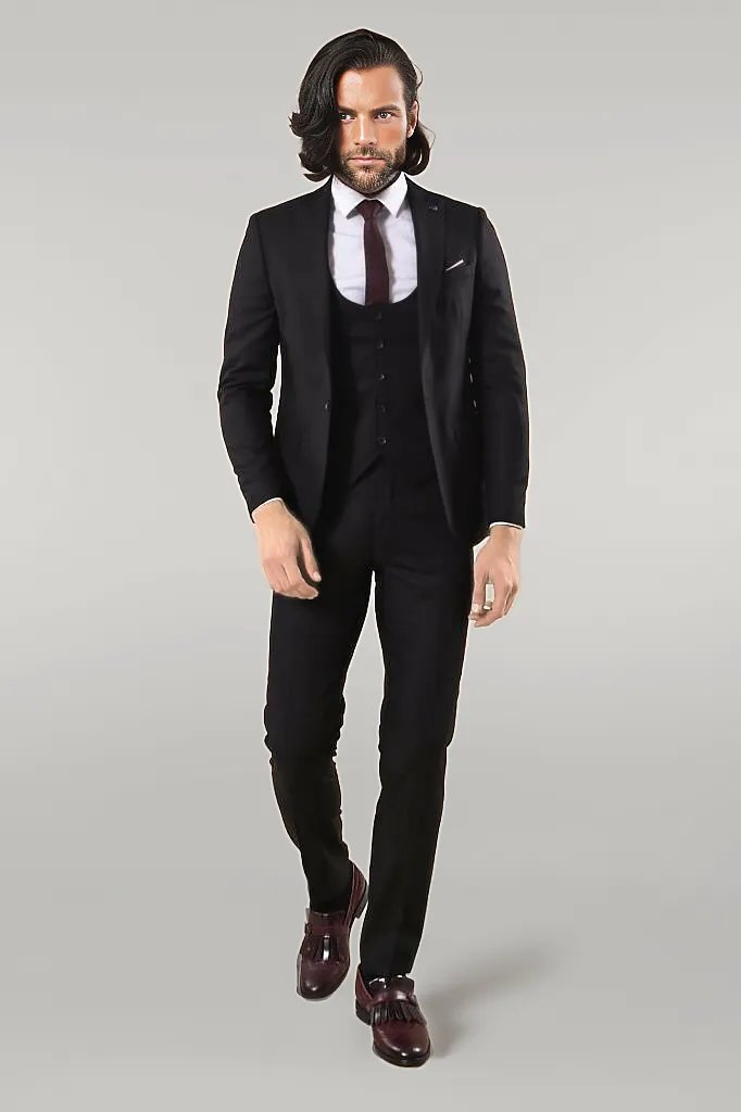 Notch Lapel Slim Fit Single Button Black Suit | Wessi