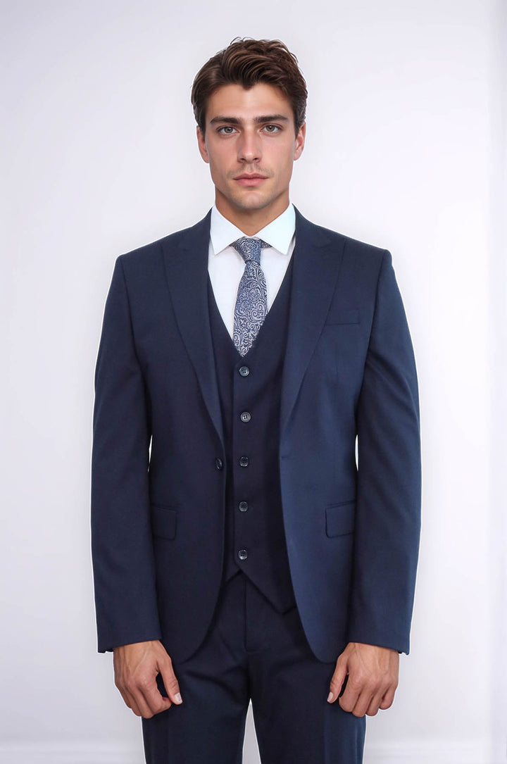 Plain Slim Fit Navy Blue Men Suit - Wessi