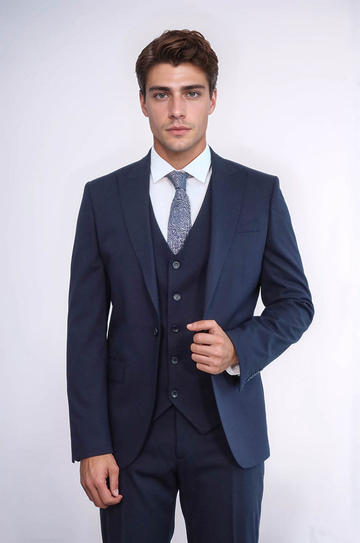 Plain Slim Fit Navy Blue Men Suit - Wessi