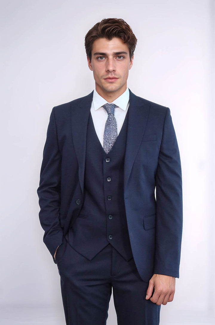 Plain Slim Fit Navy Blue Men Suit - Wessi