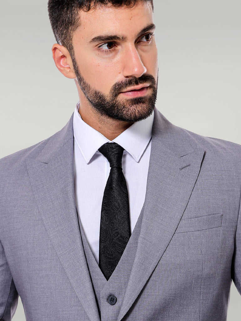 Grey Men's Plain Suit with Vest - Wessi