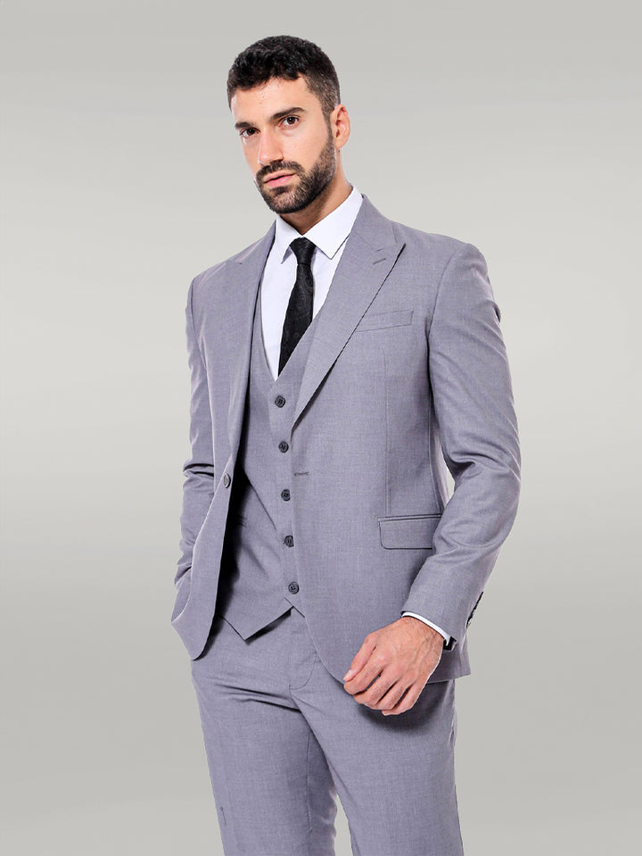 Traje gris liso para hombre con chaleco - Wessi