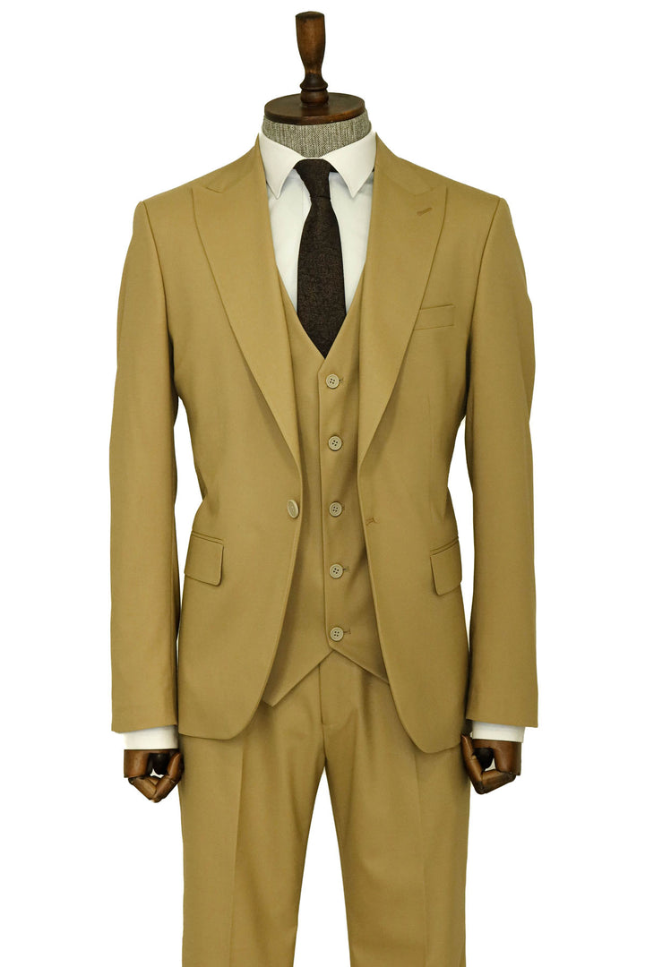 Tan Men's Plain Suit with Vest - Wessi