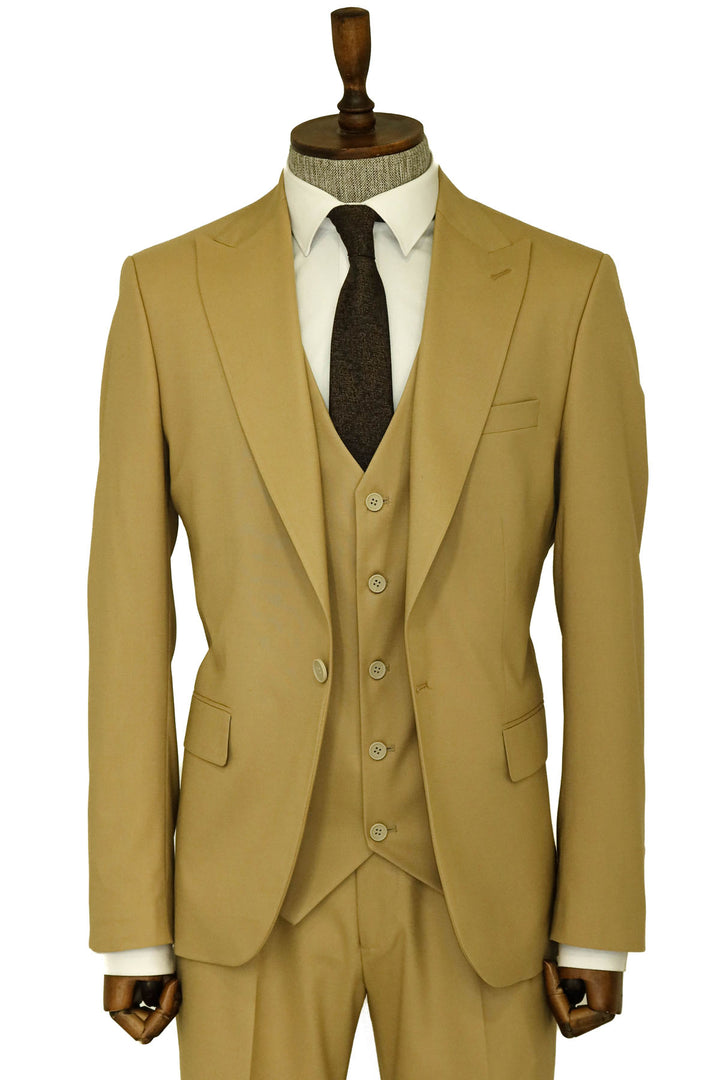 Tan Men's Plain Suit with Vest - Wessi