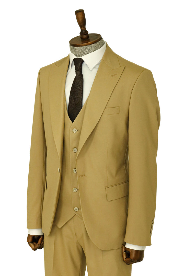 Tan Men's Plain Suit with Vest - Wessi