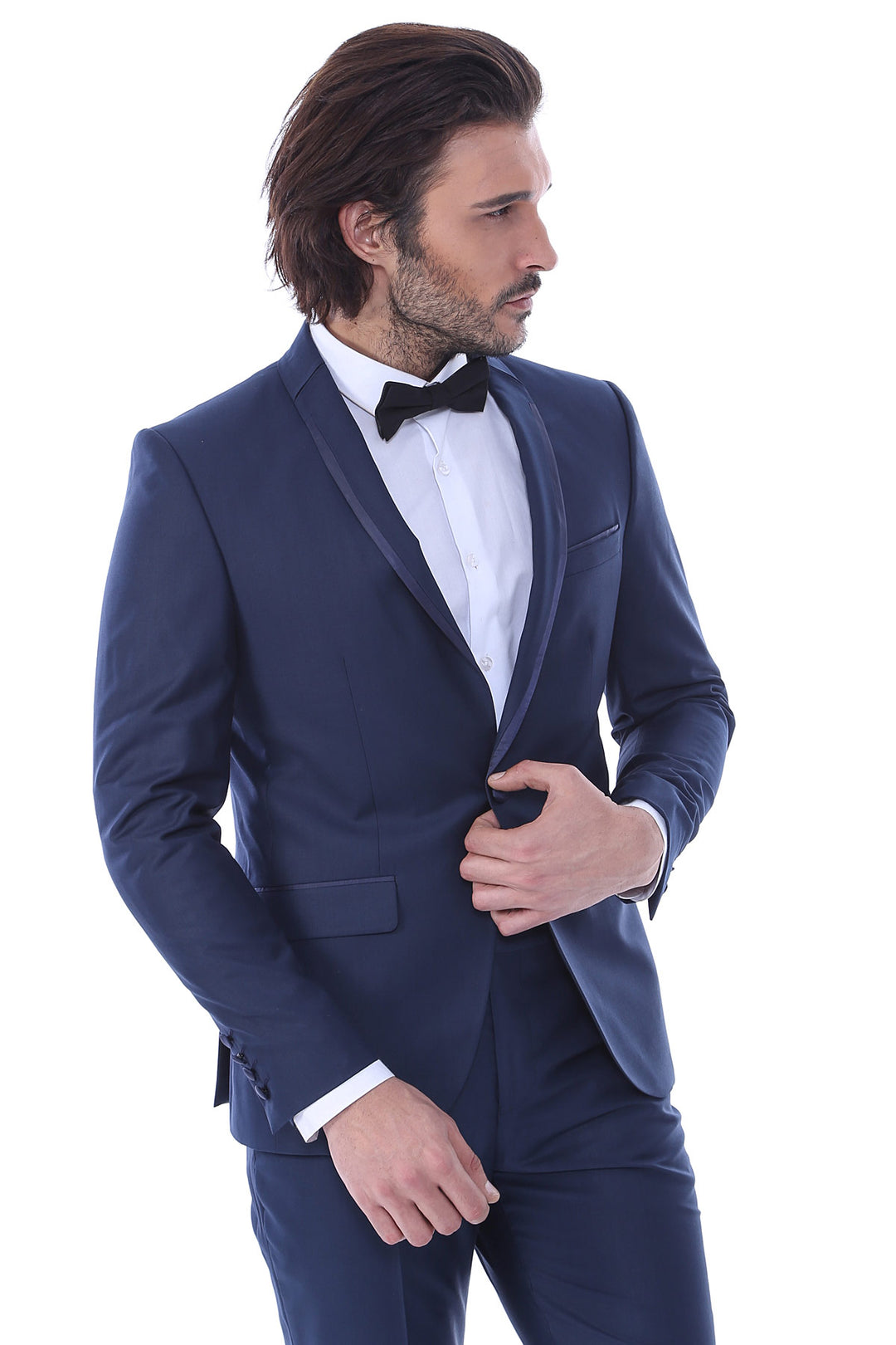 2 Piece Tuxedo Collar Piping Navy Blue Suit-Wessi