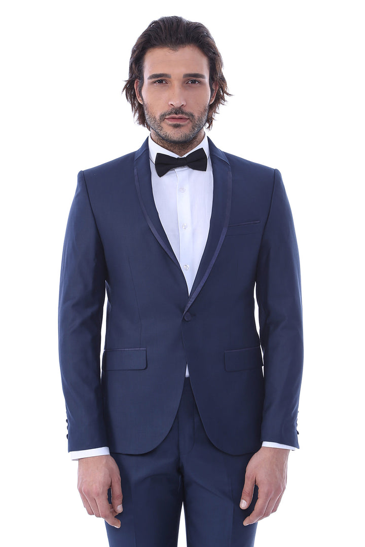 2 Piece Tuxedo Collar Piping Navy Blue Suit-Wessi